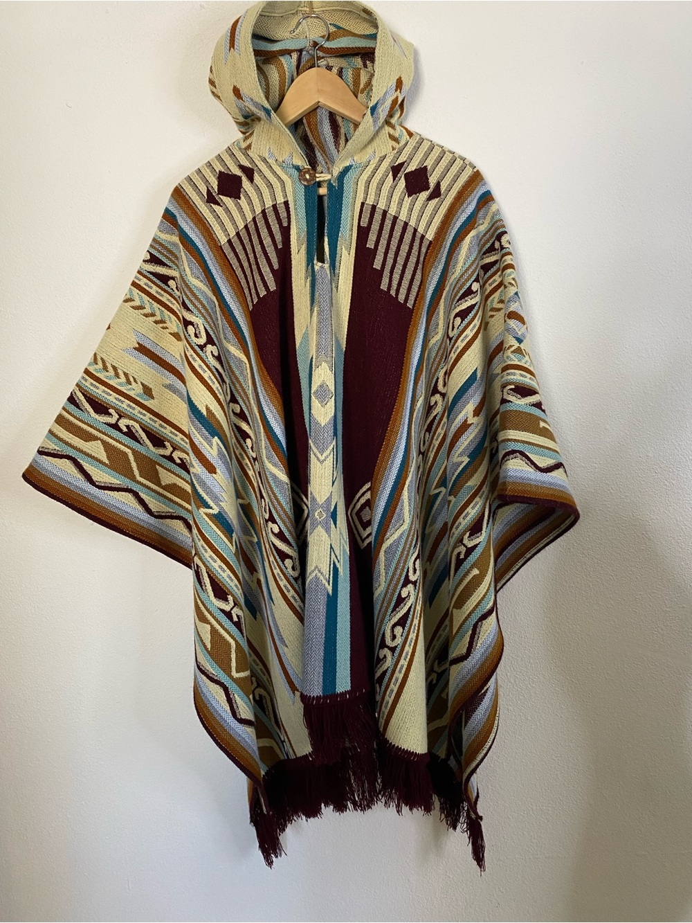 KAY Hooded Alpaca Wool Blend Poncho OS Geometric Handwoven Ecuador Southwestern